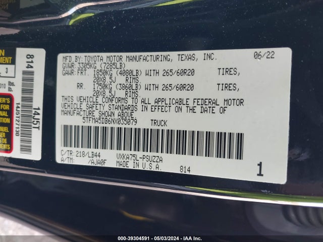 Toyota Tundra 1794 Edition 2022 5TFMA5DB6NX035079 Image 9