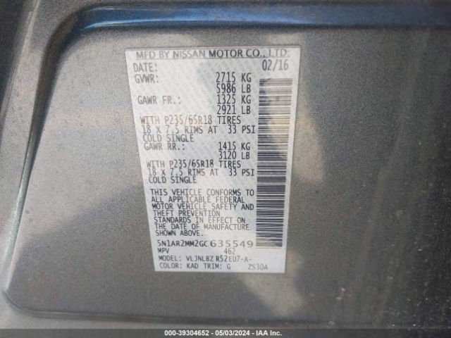 5N1AR2MM2GC635549 Nissan Pathfinder Platinum/s/sl/sv
