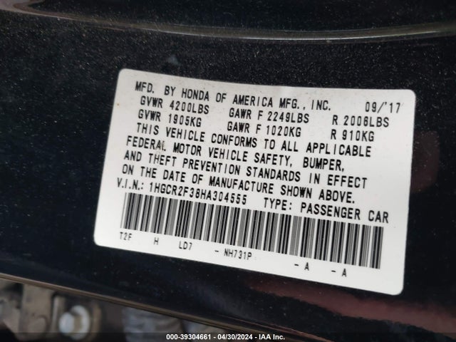 Honda ACCORD LX 2017 1HGCR2F38HA304555 Image 9