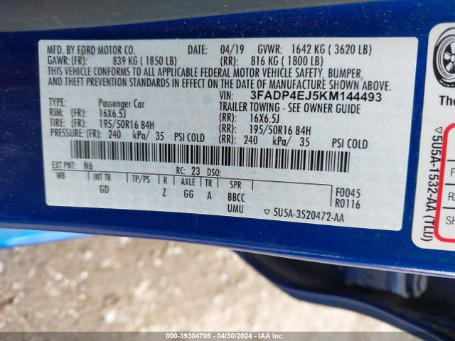 Ford FIESTA SE 2019 3FADP4EJ5KM144493 Image 9