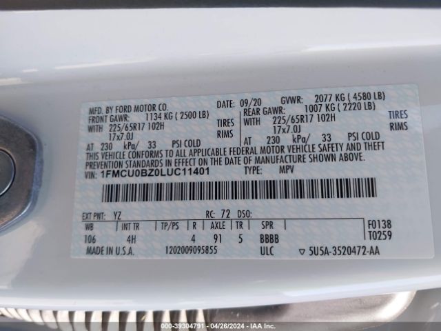 1FMCU0BZ0LUC11401 Ford Escape Se Sport Hybrid