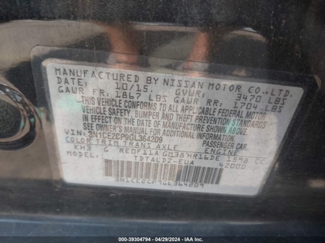 3N1CE2CP9GL364209 Nissan Versa Note S (sr)/s Plus/sl/sr/sv