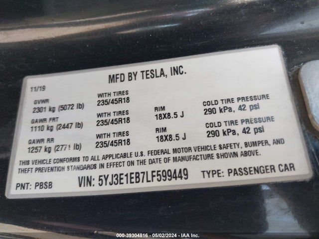 Tesla Model 3 Long Range Dual Motor All-wheel Drive 2020 5YJ3E1EB7LF599449 Image 9