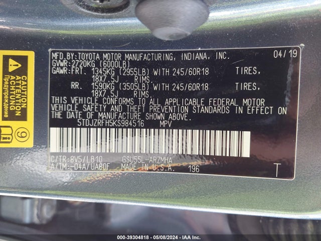Toyota Highlander Xle 2019 5TDJZRFH5KS984516 Image 9