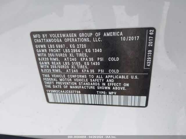 1V2NR2CA4JC537738 Volkswagen Atlas 3.6l V6 Sel Premium