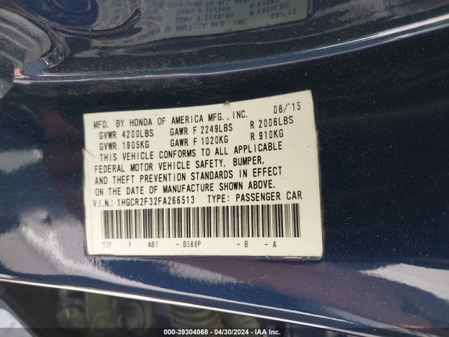 Honda ACCORD LX 2015 1HGCR2F32FA266513 Image 9