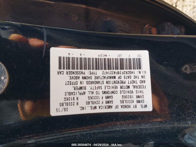 Honda ACCORD LX 2015 1HGCR2F39FA221472 Image 9