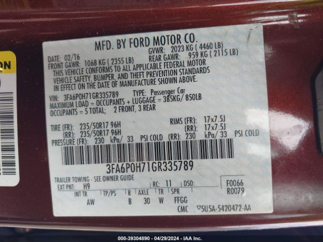 3FA6P0H71GR335789 Ford FUSION SE