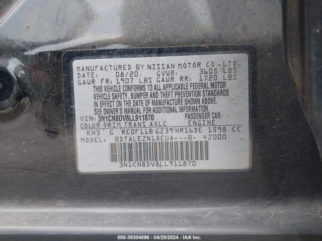 Nissan Versa S Xtronic Cvt 2020 3N1CN8DV8LL911870 Image 9