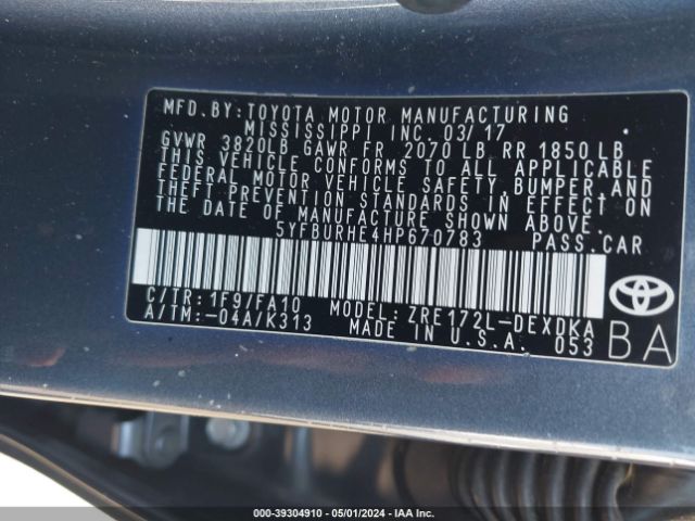 5YFBURHE4HP670783 Toyota COROLLA L