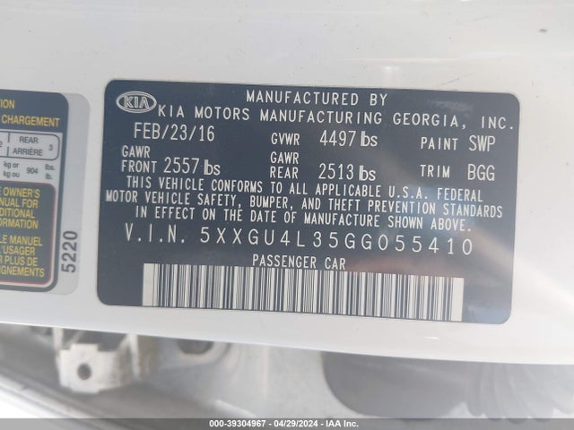 KIA OPTIMA EX 2016 5XXGU4L35GG055410 Image 9