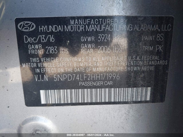 39304997 :رقم المزاد ، 5NPD74LF2HH171996 vin ، 2017 Hyundai Elantra Se مزاد بيع