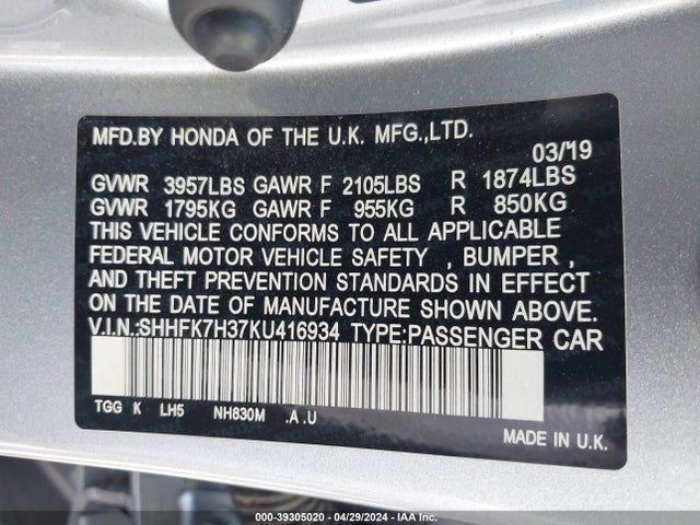 Honda Civic Lx 2019 SHHFK7H37KU416934 Image 9