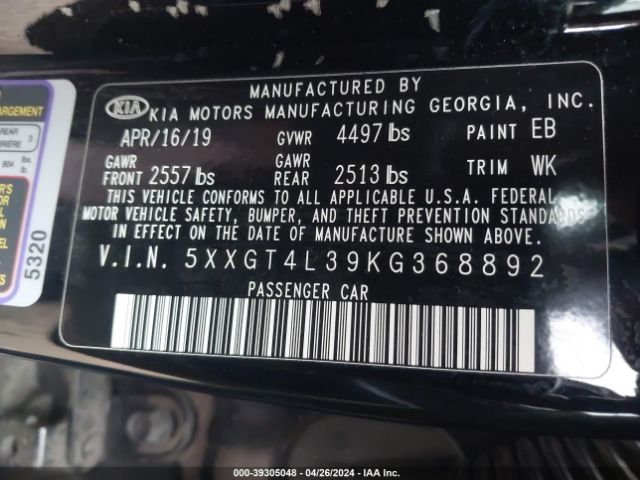 5XXGT4L39KG368892 KIA Optima S