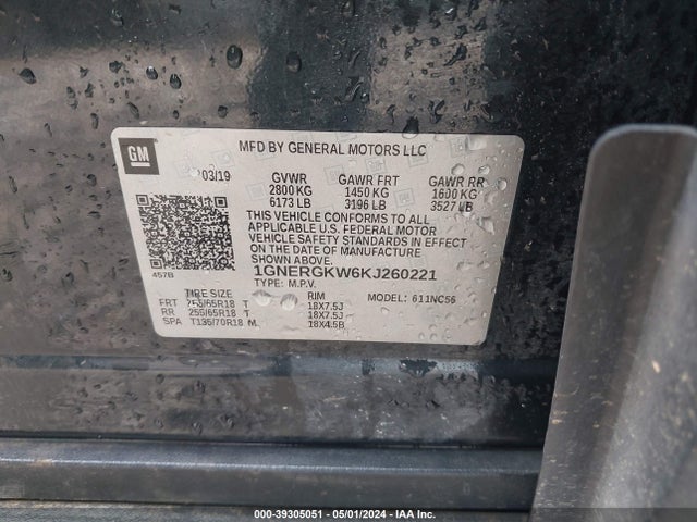Chevrolet Traverse 1lt 2019 1GNERGKW6KJ260221 Image 9