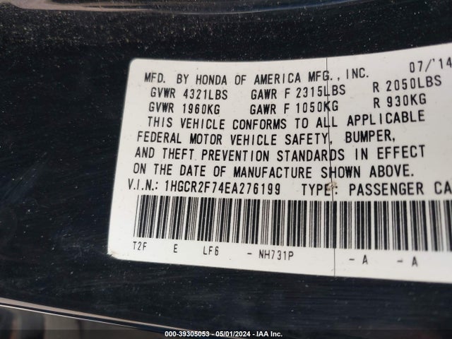 Honda ACCORD EX 2014 1HGCR2F74EA276199 Image 9