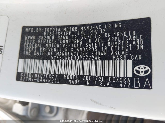 Toyota COROLLA SE 2018 5YFBURHE1JP777246 Image 9