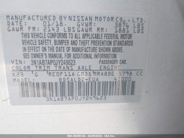 Nissan SENTRA SV 2018 3N1AB7AP0JY249623 Image 9