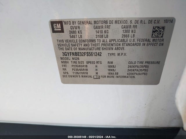 3GYFNBE32FS561242 Cadillac Srx Luxury Collection