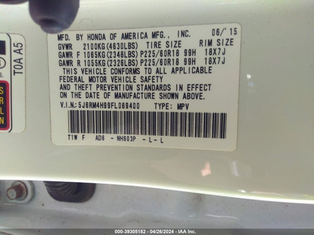 Honda Cr-v Touring 2015 5J6RM4H99FL089400 Image 9