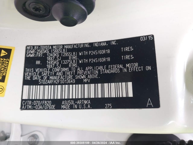 Toyota Highlander Le 2015 5TDZARFH2FS013649 Image 9