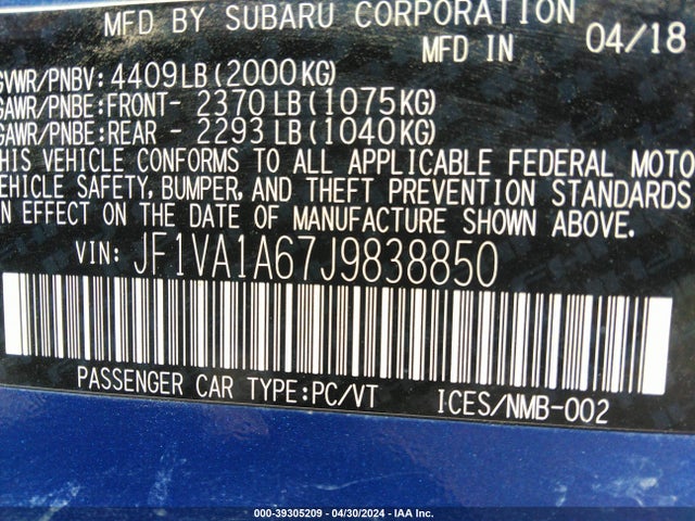 Subaru WRX 2018 JF1VA1A67J9838850 Image 9
