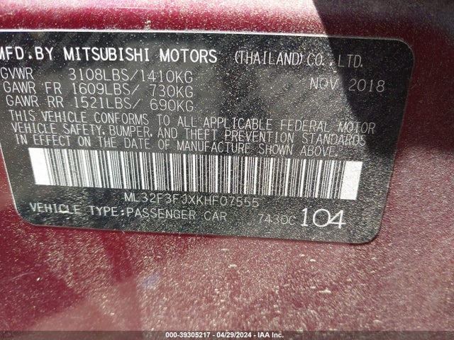 ML32F3FJXKHF07555 Mitsubishi Mirage G4 Es