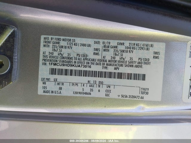 Ford ESCAPE SEL 2019 1FMCU9HD9KUA73016 Image 9