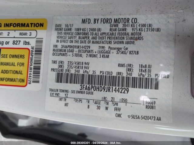 3FA6P0HD9JR144229 Ford FUSION SE