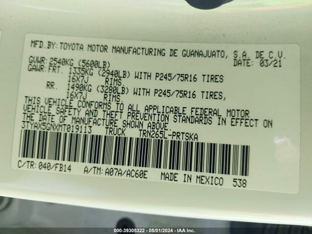 Toyota Tacoma Sr 2021 3TYAX5GNXMT019113 Image 9