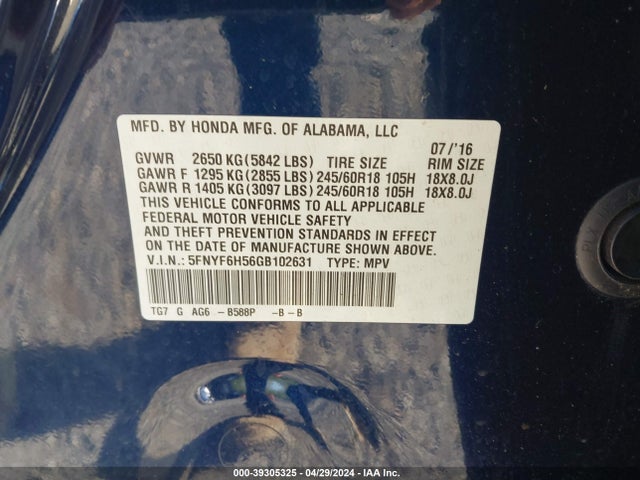 Honda Pilot Ex-l 2016 5FNYF6H56GB102631 Image 9