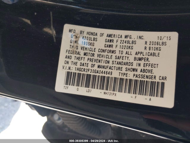 Honda ACCORD LX 2016 1HGCR2F30GA044649 Image 9