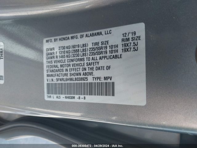 5FNRL6H96LB038925 Honda Odyssey Elite