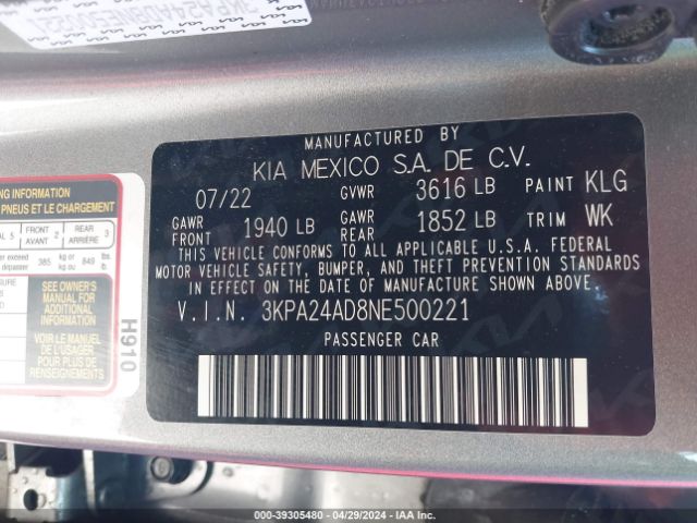 3KPA24AD8NE500221 KIA RIO S