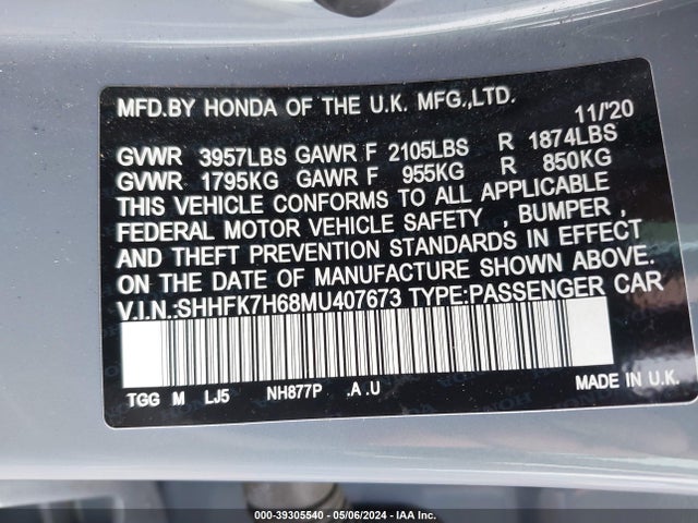 Honda CIVIC EX 2021 SHHFK7H68MU407673 Image 9