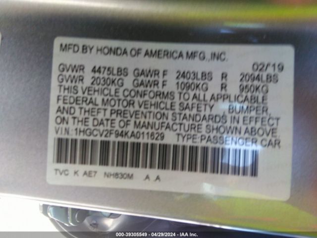 1HGCV2F94KA011629 Honda Accord Touring 2.0t