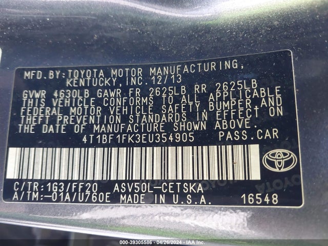 Toyota CAMRY SE 2014 4T1BF1FK3EU354905 Image 9