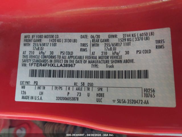 1FTER4FHXLLA38967 Ford Ranger Xlt
