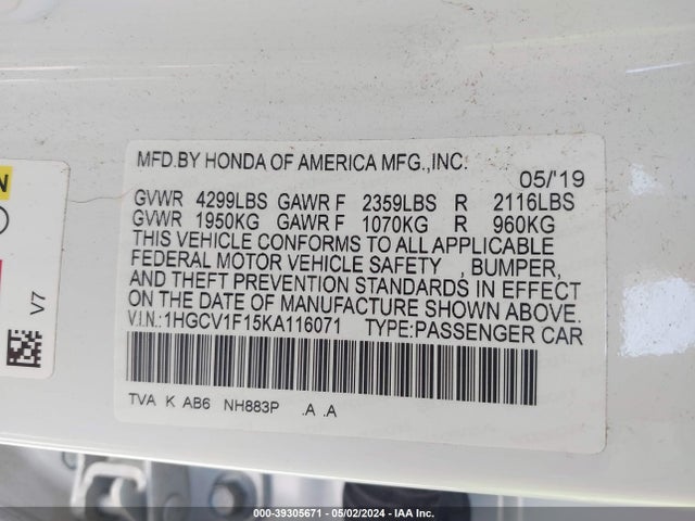 Honda ACCORD LX 2019 1HGCV1F15KA116071 Image 9