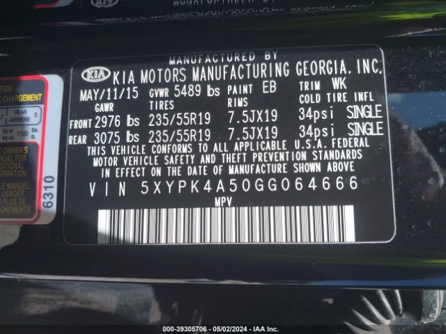 5XYPK4A50GG064666 KIA Sorento 3.3l Sxl