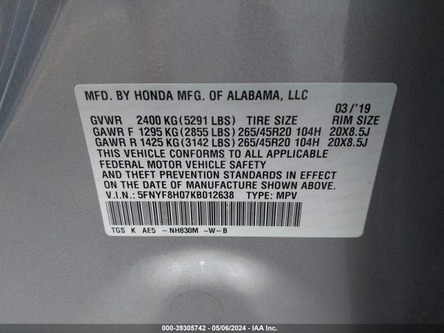 Honda Passport Elite 2019 5FNYF8H07KB012638 Image 9