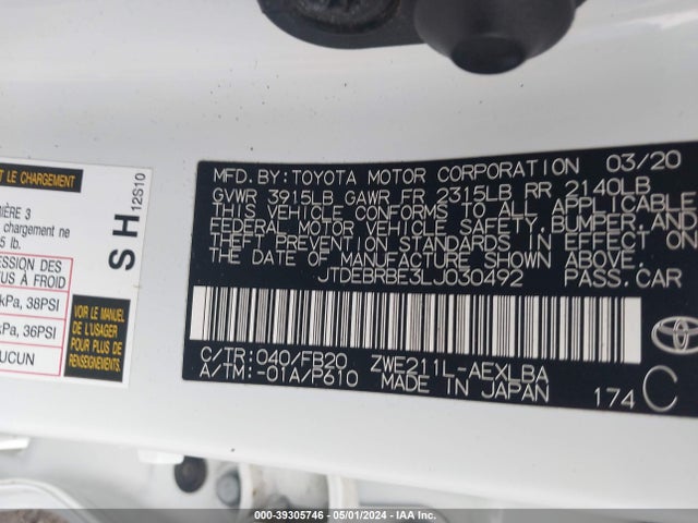 Toyota Corolla Hybrid Le 2020 JTDEBRBE3LJ030492 Image 9