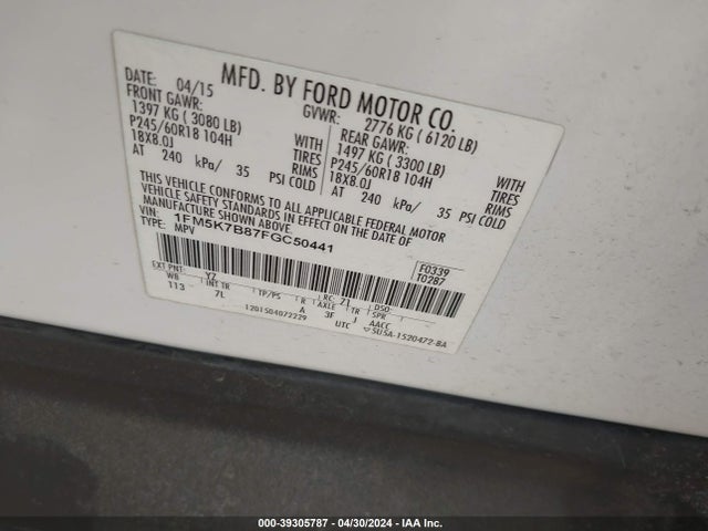 Ford Explorer 2015 1FM5K7B87FGC50441 Image 9