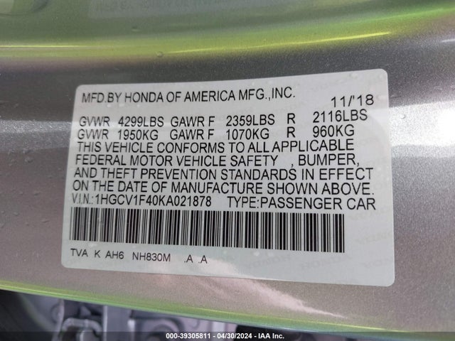 Honda ACCORD EX 2019 1HGCV1F40KA021878 Image 9