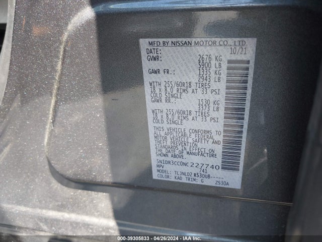 Nissan Pathfinder Sl 4wd 2022 5N1DR3CC0NC227740 Image 9