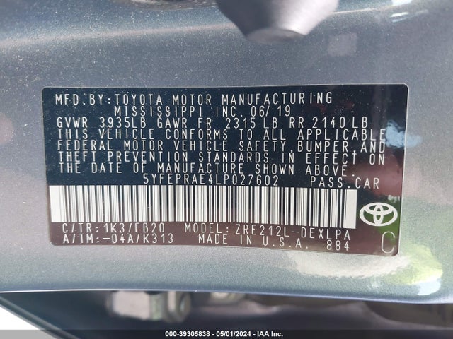 Toyota COROLLA LE 2020 5YFEPRAE4LP027602 Image 9