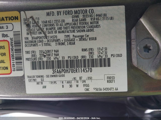 Ford FUSION SE 2014 3FA6P0H70ER114570 Image 9