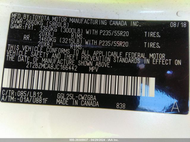 2T2BZMCA8JC166442 Lexus RX 350