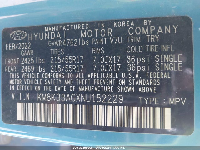 KM8K33AGXNU152229 Hyundai Kona Electric Sel