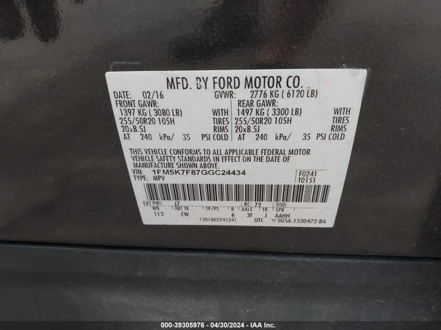 Ford Explorer Limited 2016 1FM5K7F87GGC24434 Image 9